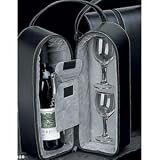 Black Leather Wine Carrier Caddy Bag w/ Two Glasses,Stopper/Opener -Nice Bar Set