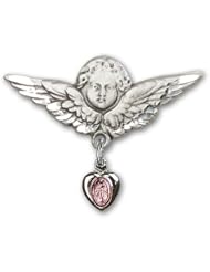 Sterling Silver Baby Badge with Pink Miraculous Charm and Angel with Wings Badge Pin