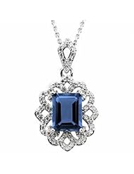 14K White Gold Emerald Cut London Blue Topaz and Diamond Pendant -- LIFETIME WARRANTY