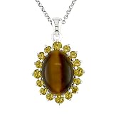 Sterling Silver Oval Cabochon Tiger Eye and Citrine Pendant, 18"