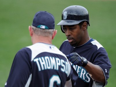 Texas Rangers v Seattle Mariners, PEORIA, AZ - MARCH 01: Chone Figgins and Robby Thompson Photographic Poster Print by Harry How, 18x24