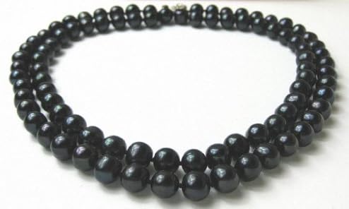 Double Strand 8.5 - 9.5mm Deep Black Freshwater Cultured Strung Pearl Strand Necklace -nk54
