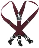Solid Burgundy Dark Red Leather Suspenders Elastic Y-Back Button Clip