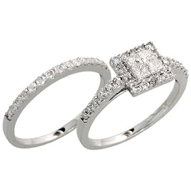 14k White Gold 2-Piece Square Wedding Ring Set, w/ 0.80 Carat Brilliant Cut & Invisible Set Diamonds, 1/4