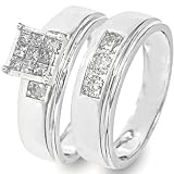 3/4 CT. T.W. Round, Princess Cut Diamond Women's Bridal Wedding Ring Set 10K White Gold - Two Rings: Ladies Engagement Ring and Ladies Wedding Band - Free Gift Box -