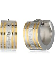 Stainless Steel Two Tone Huggies with Greek Key Pattern Earrings