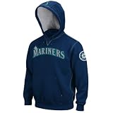 MLB Seattle Mariners Adult Long Sleeve Hood Fleece Pull Over (Athletic Navy/Stone Gray, Small)