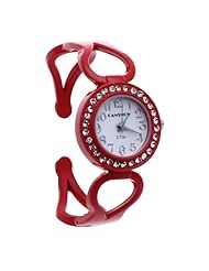 Womens Quartz Wristwatch Red Alloy Band Rhinestone Arabic Numerals White Dial