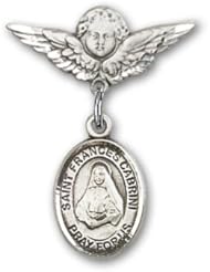 Sterling Silver Baby Badge with St. Frances Cabrini Charm and Angel with Wings Badge Pin