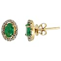 14k Gold Fancy Oval Diamond Earrings, w/ 0.09 Carat Brilliant Cut Diamonds & 0.87 Carats Oval Cut (6x4mm) Emerald Stones, 3/8" (9mm) tall