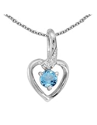 Birthstone Company 14k White Gold Round Blue Topaz And Diamond Heart Pendant with 18" Chain
