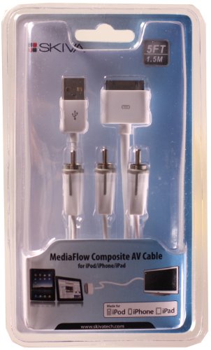 Skiva MediaFlow Composite Video / AV Cable with USB Sync/Charge for iPhone 4S 4, iPad 2, iPhone, iPad & iPod