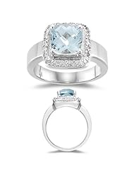 0.09 Cts Diamond & 1.94 Cts of 8 mm Cushion Checker Board Aquamarine Ring in 14K White Gold