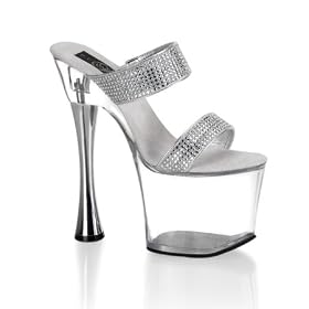 7 Inch Sexy High Heeled Evening Shoes Clubwear Chromed Cone Heel Two-Band Platform Shoe With Rhinestones CLEARANCE