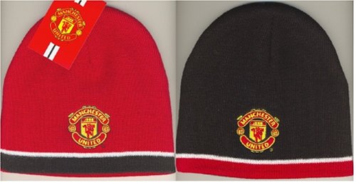OFFICIAL MANCHESTER UNITED REVERSIBLE RED WHITE & BLACK CRESTED BEANIE HAT