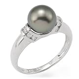 Tahitian Black Pearl Ring with Diamond in 14K White Gold