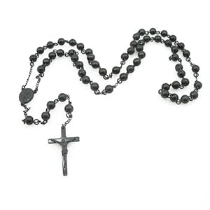 Mens Black Stainless Steel Rosary Necklace with Cross - 32