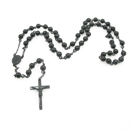 Mens Black Stainless Steel Rosary Necklace with Cross - 32B004I4KWUC : image