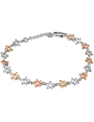 14K Italian Tri-Color Yellow, Rose and White Gold Open Diamond Cut Stars Link Bracelet (6.5"), Women Jewelry in Gift Box