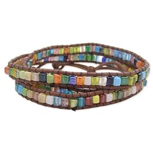 26 Brown Leather and Multi Square Mosaic Bead Wrap Bracelet