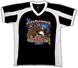 Firefighter, First In Last Out Mens Sport Ringer T-shirt, Bald Eagle and Flag Fire Rescue Emblem Mens V-Neck Tee