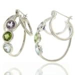 Sterling Silver Three Stone Genuine Multi Color Gemstones Loop Earrings