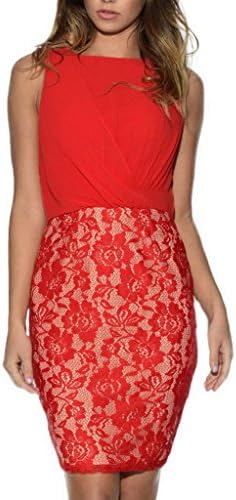 Bigood Women Sleeveless Chiffon Lace Cocktail Party Bodycon Evening Dress Red L