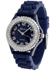 Navy Blue Geneva Silicone Ceramic Style Band Crystal Bezel Womens Watch - S Size