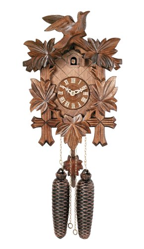River City Clocks Traditional German Cuckoo Clock with Five Hand-Carved Maple Leaves And One Bird - 14-Inch Tall