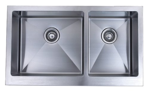 36 Inch Stainless Steel Flat Front Farm Apron Kitchen Sink - 1 Radius Design 60/40 Double Bowl