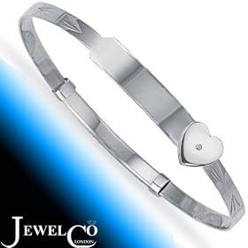 Jewelco London Sterling Silver Flat Diamond-Cut Baby / Children's Expanding ID Bangle w/ REAL Diamond-Set Heart