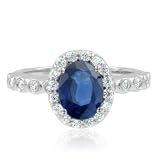 Natural Sapphire Diamond Engagement Ring in 18k White Gold Halo Ring (G, SI1, 1.33 cttw), 7x5mm, Certificate of Authenticity