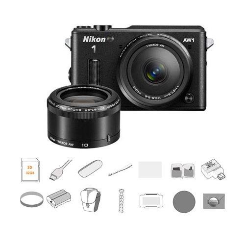Nikon 1 AW1 Camera with AW 11-27.5mm Lens & 10mm Lens, Black - BUNDLE - with 32GB Card, Filter Kits (UV/CP/ND8), WU-1b Mobile Adapter, 6' HDMI Cable, Spare Battery, Card Reader, Case, Hand Strap, Flexible Tripod, LCD Protector, Mem Card Wallet, Cleaning Kit, Cap Keeper, NL 3 Year Extended Warranty