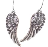 Beautiful Feather Detailed Angel Wing Earrings with Crystals 2" drop with Earwire Antiqued Pewter Look Finish