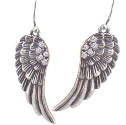 Beautiful Feather Detailed Angel Wing Earrings with Crystals 2" drop with Earwire Antiqued Pewter Look Finish