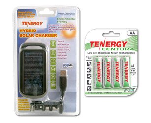 ECO Combo: Tenergy USB-5000 Hybrid Solar Charger + 4 pieces Tenergy Low Self Discharge AA Rechargeable Batteries