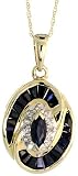 10k Yellow Gold 18 Chain & 3/4 (20mm) tall Oval Pendant, w/ 1.50 Total Carat Weight of Round Brilliant Diamonds & Marquise / Baguette Blue Sapphire Stones