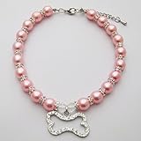 PetFavorites(TM) Couture Designer Fancy Engraved Crystal Bone Pet Cat Dog Necklace Collar Jewelry with Bling Pearls Rhinestones Charm Pendant for Pets Cats Small Dogs Female Puppy Chihuahua Yorkie Girl Costume Outfits, Adjustable and Handmade (Pink, Neck Size: 12"-14")