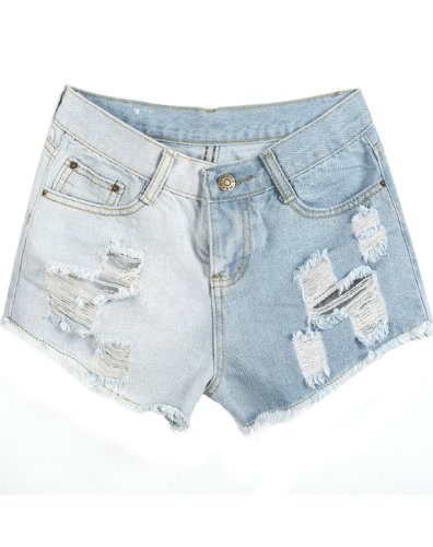 Sheinside® Women's Light Blue Ripped Fringe Denim Shorts (M, Blue)