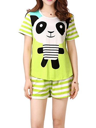 VENTELAN Women's Casual Panda Pattern Nightwear Comfy Stripes Short Pajama Sets