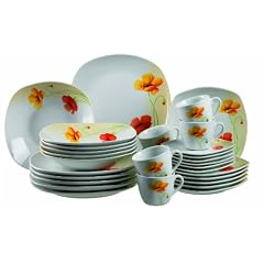 Domestic 920834 Papavero Porzellan Kombiservice 30-teilig mit je 6 Tassen, Untertassen, Dessertteller,Teller tief, Teller flach