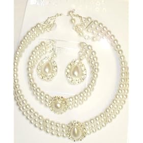 Three Strand Simulated Light Ivory Pearl Choker Necklace Crystals Loaded on Silver Locket Matching...
