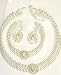 Three Strand Simulated Ivory Pearl Choker Necklace Crystals Loaded on Gold Locket Matching Earrings on Clips and Bracelet for Women and Teens