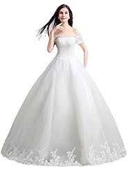 Off the Shoulder Tulle Crystal Lace-Up Natural   Waistline Bateau Neck   Ball Gown Wedding Dress 