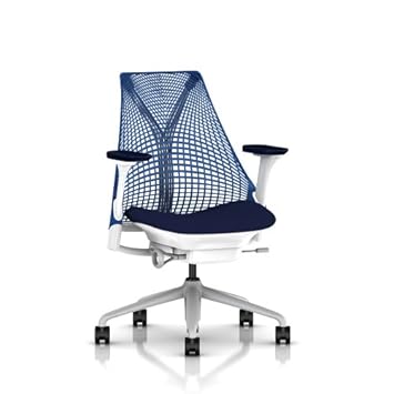 Sayl Chair by Herman Miller - Adjustable Arms and Seat - Tilt Limiter - White Frame and Fog Base, Crossing Indigo Seat - Tilt Limiter, Berry Blue Back, Twilight Armpad