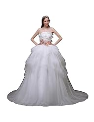 Strapless Beaded Belted Applique  Satin/Tulle Wedding Dress  with a Chapel Train  With Ruffles