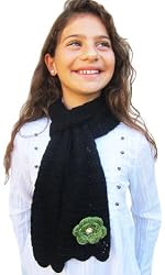 Handmade Pure Alpaca Natural Fiber Scarf - Girls Large - Elegant Black (100% Crocheted by Hand)