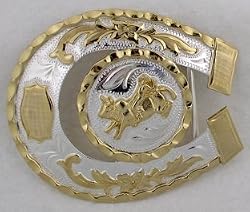 Horseshoe Shaped Bullrider German Silver Belt Buckle  3-1/2" x 3 "
