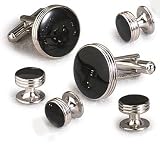 Giorgio Bissoni Round Jet Black Stone with Silver Concentric Rings Cufflink and Stud set