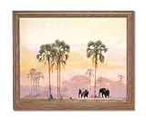 African Elephants And Palm Tree Animal Wildlife Home Decor Wall Picture Oak Framed Art Print
